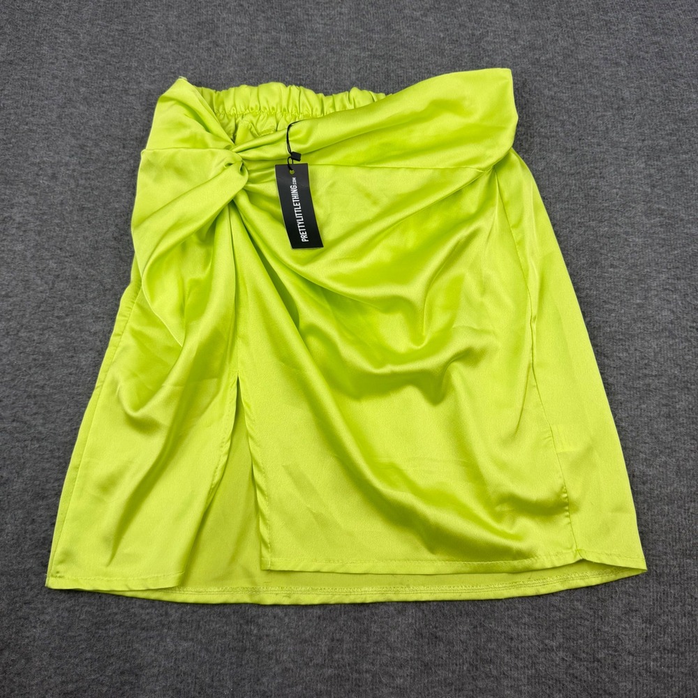 PrettyLittleThing Satin Twist Side Mini Skirt Women Size 12‎ Lime Green CMZ0404